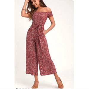 Lulus Behold Red Floral Print Off-the-Shoulder Jumpsuit Size Medium